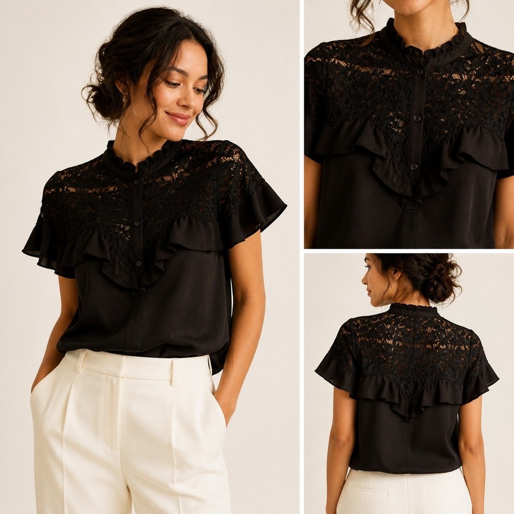 Rebecca Taylor Black Silk Lace Ruffle Blouse Flutter Sleeve Mock Neck Womens 6